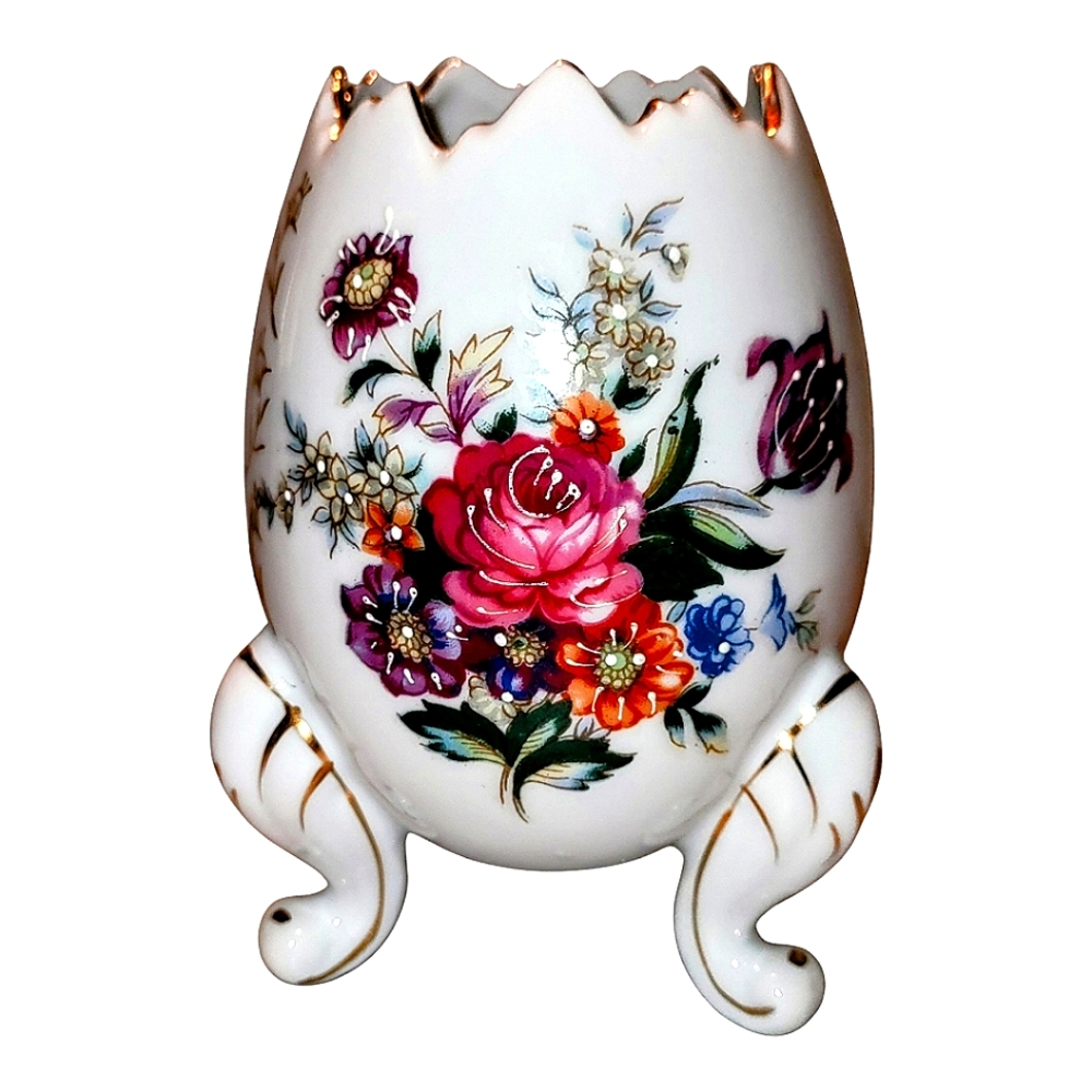 VTG Napco Victorian Floral Vase Cracked Egg Footed Porcelain Gold Gilt Japan 5"T
